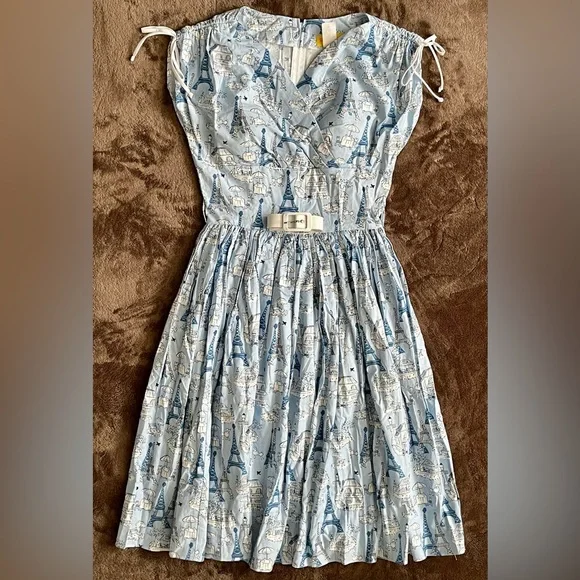 SOLD | ModCloth x Bernie Dexter Blue Sophie Dress Eiffel Tower Poodle SMALL - Picture 2 of 12